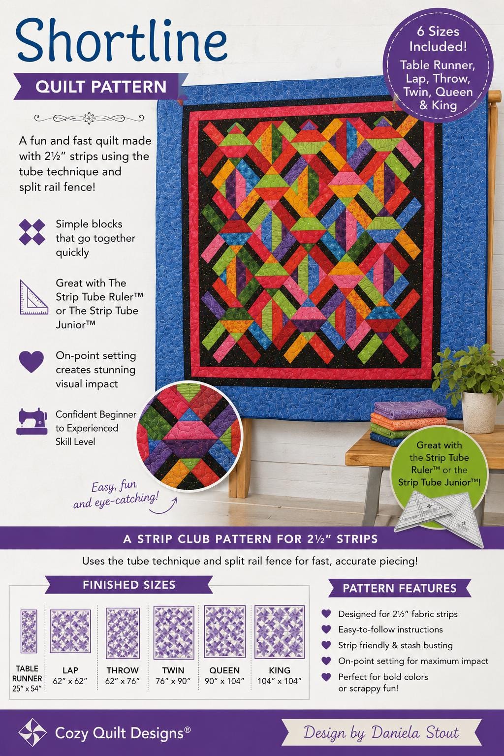 Cozy Quilt Designs - Shortline Quilt Pattern - jelly roll friendly in 6 sizes - Beginner