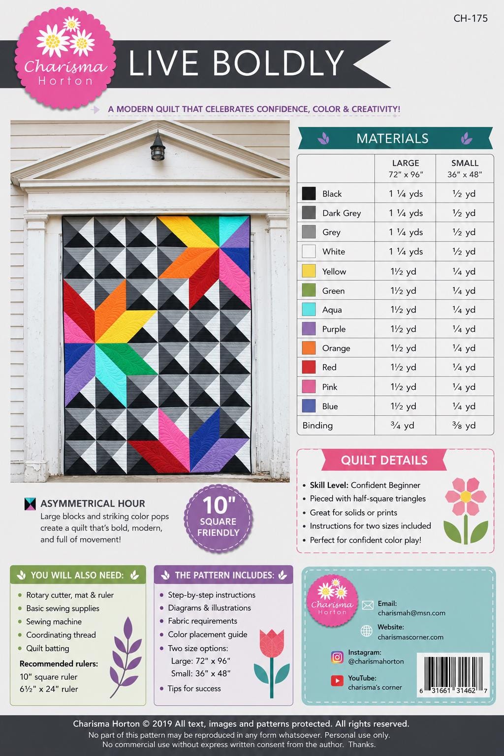 Charisma Horton - Live boldly quilt - Quilt pattern CH 175 chart - 3 sizes - Modern