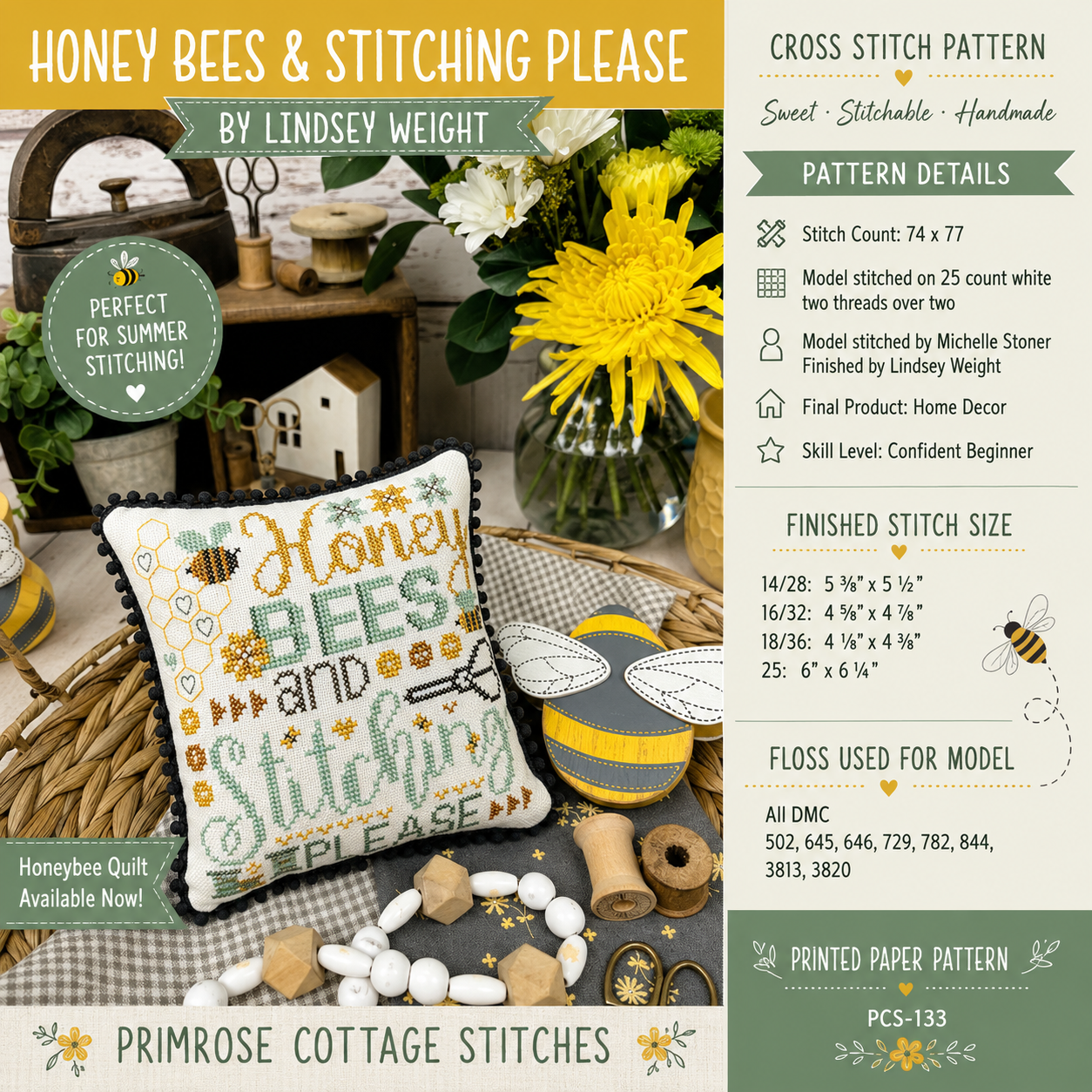 Honey Bees & Stitching Please Cross Stitch Pattern | Primrose Cottage Stitches | Printed Paper Chart | Bee Sampler | Farmhouse Decor | Confident Beginner