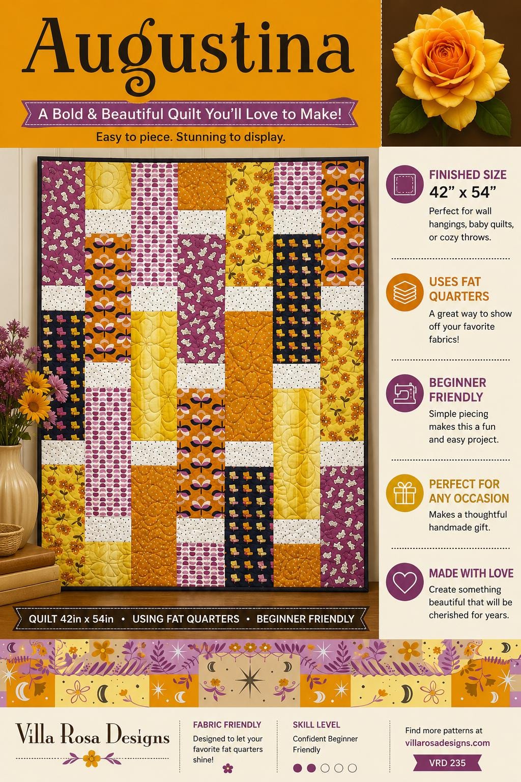 Augustina Quilt Pattern – Modern Strip, Fat Quarter Friendly, Beginner Sewing (Villa Rosa Designs)