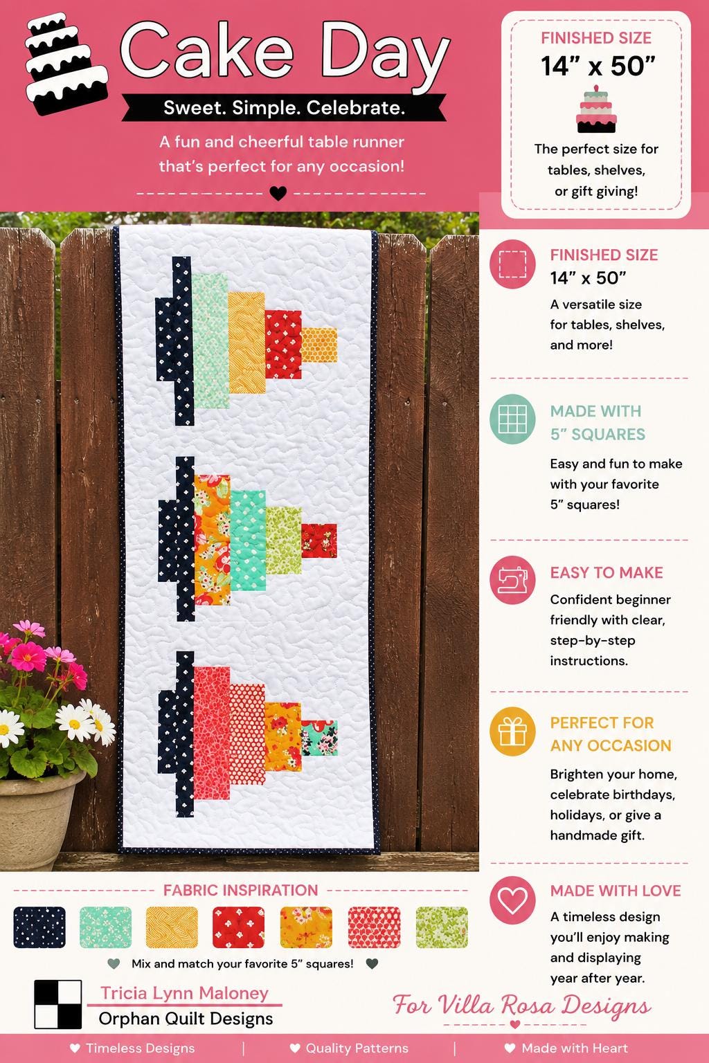 Cake Day Quilt Pattern - Fun Scrappy Table Runner Quilt - Villa Rosa Designs - easy beginner