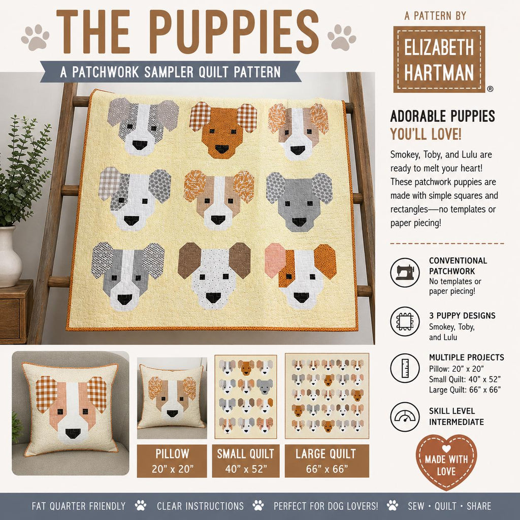 Elizabeth Hartman - The Puppies quilt - Quilt pattern EH 066 chart - NEW - 3 sizes - Modern - dog - Puppies