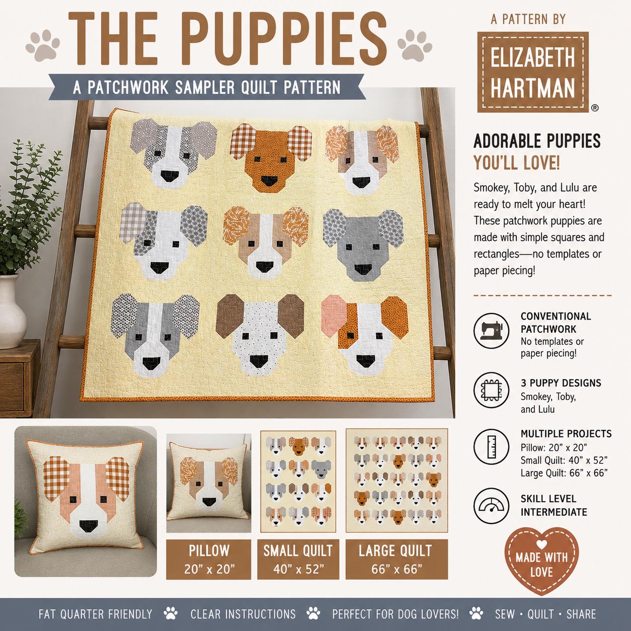 Elizabeth Hartman - The Puppies quilt - Quilt pattern EH 066 chart - NEW - 3 sizes - Modern - dog - Puppies