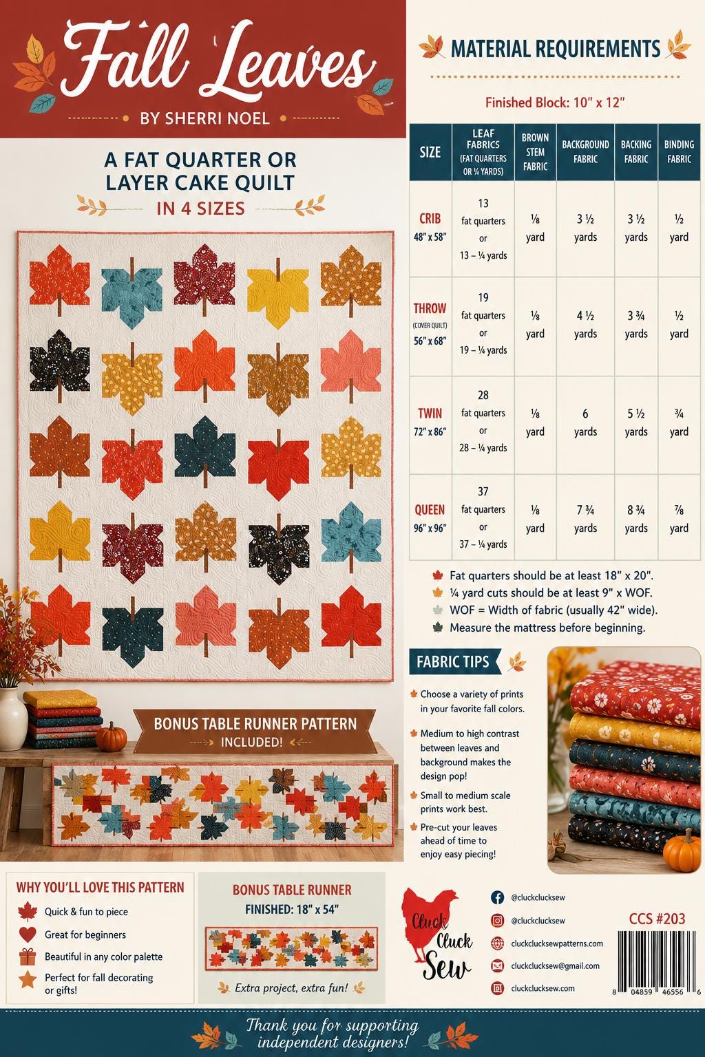 Fall Leaves Quilt Pattern – Fat Quarter Friendly, Table Runner Included