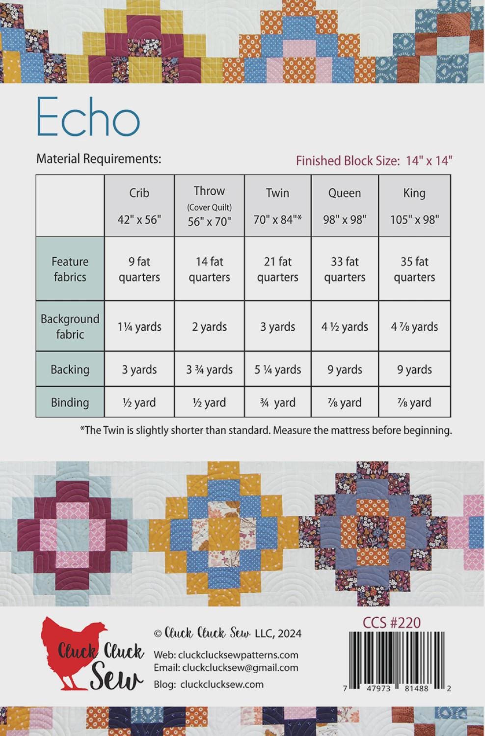 Cluck Cluck Sew - Echo Quilt Pattern - Fat Quarter friendly - in 5 sizes - Modern