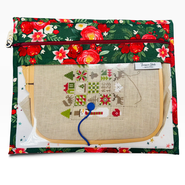Handmade cross stitch project bag with clear vinyl window, Poinsettia Christmas Red Stars print — detail view