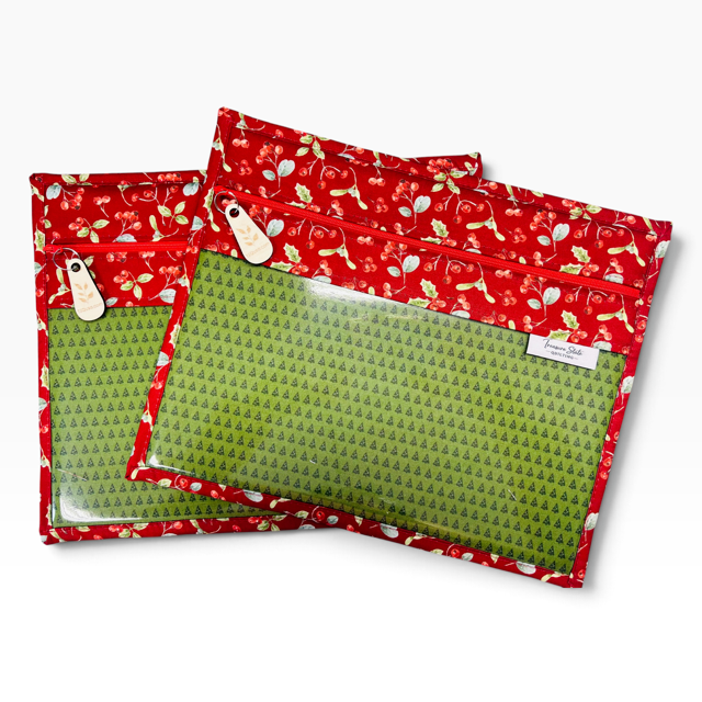 Handmade cross stitch project bag with clear vinyl window, Holly Berries Christmas Red Trees print — alternate angle