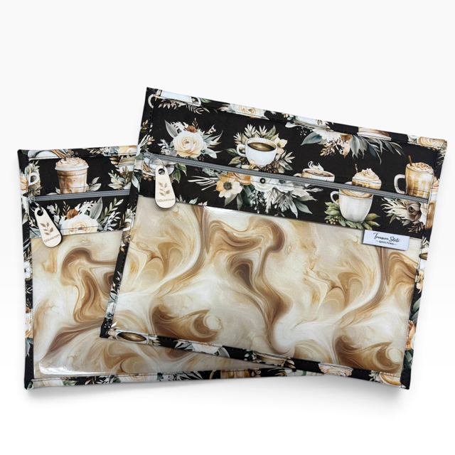 Handmade cross stitch project bag with clear vinyl window, Coffee Flowers Latte Espresso Swirl print — alternate angle