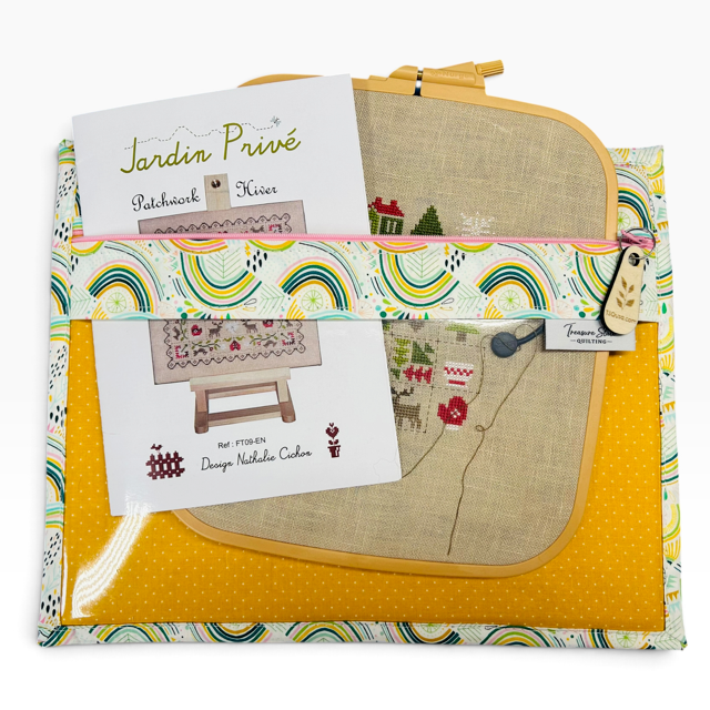 Handmade cross stitch project bag with clear vinyl window, Rainbow LGBTQ Modern print — alternate angle