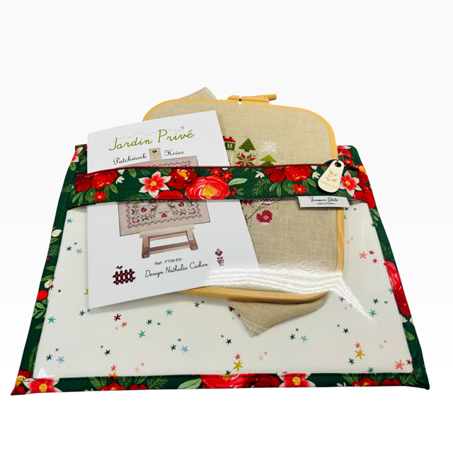 Handmade cross stitch project bag with clear vinyl window, Poinsettia Christmas Red Stars print — back view