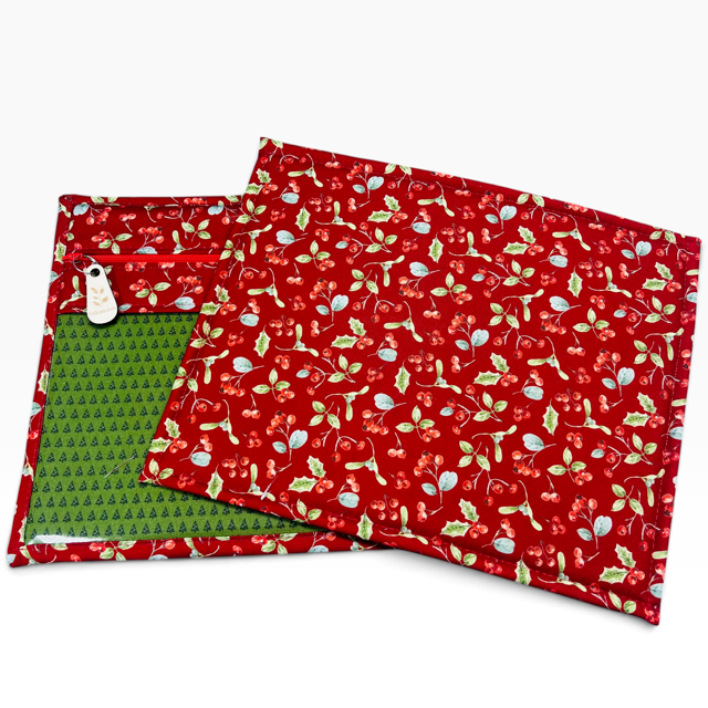 Handmade cross stitch project bag with clear vinyl window, Holly Berries Christmas Red Trees print — back view