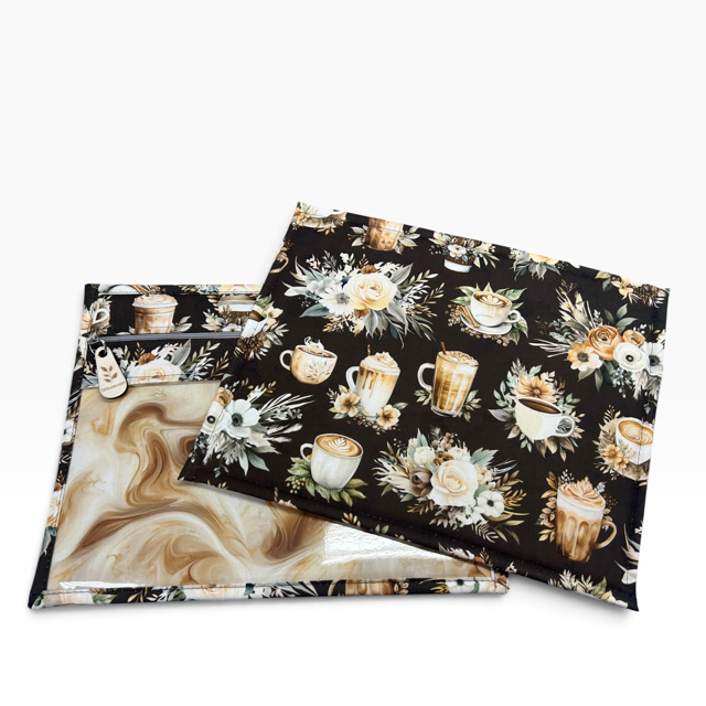 Handmade cross stitch project bag with clear vinyl window, Coffee Flowers Latte Espresso Swirl print — size and scale view