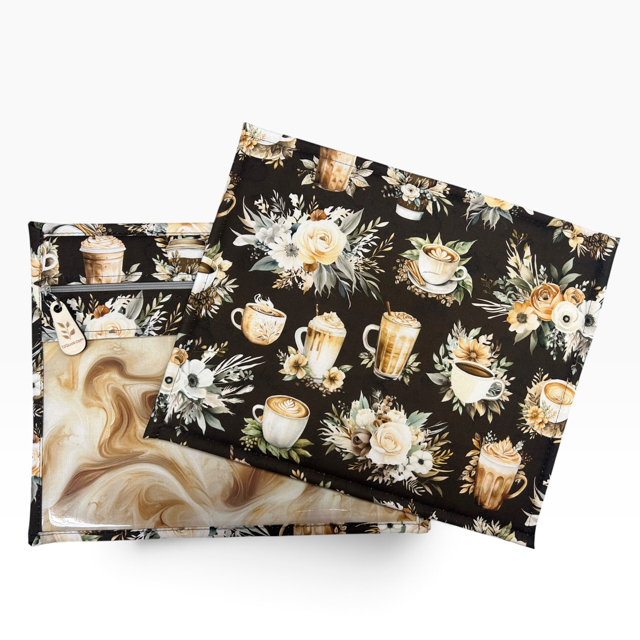 Handmade cross stitch project bag with clear vinyl window, Coffee Flowers Latte Espresso Swirl print, handmade in Montana by Treasure State Quilting
