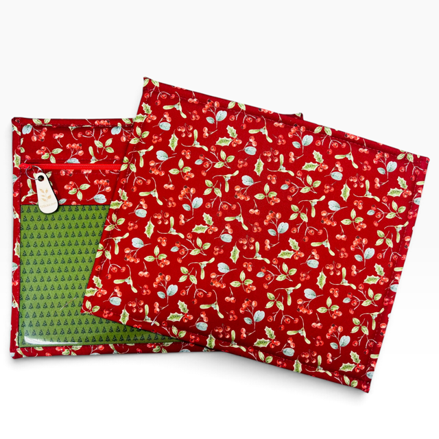 Handmade cross stitch project bag with clear vinyl window, Holly Berries Christmas Red Trees print — close-up detail