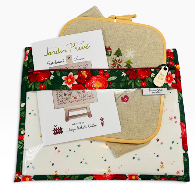 Handmade cross stitch project bag with clear vinyl window, Poinsettia Christmas Red Stars print — close-up detail