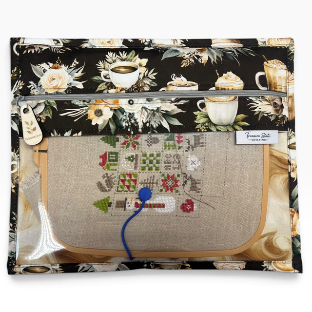 Handmade cross stitch project bag with clear vinyl window, Coffee Flowers Latte Espresso Swirl print — back view