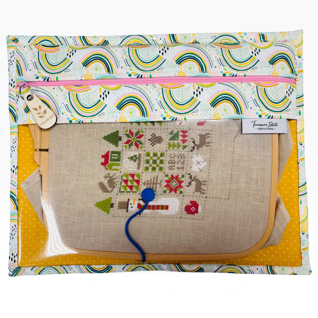 Handmade cross stitch project bag with clear vinyl window, Rainbow LGBTQ Modern print — size and scale view