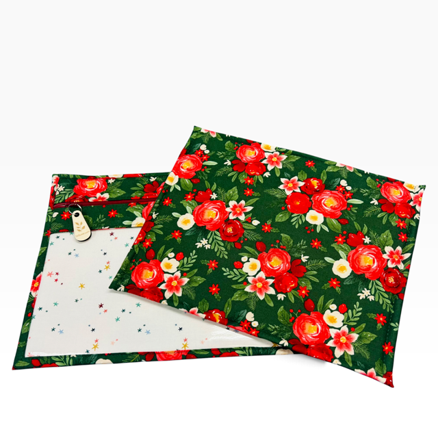 Handmade cross stitch project bag with clear vinyl window, Poinsettia Christmas Red Stars print — size and scale view