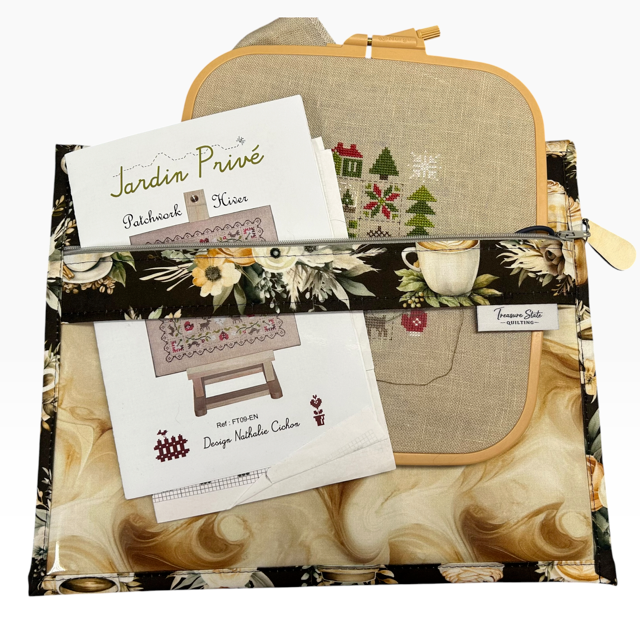 Handmade cross stitch project bag with clear vinyl window, Coffee Flowers Latte Espresso Swirl print — detail view