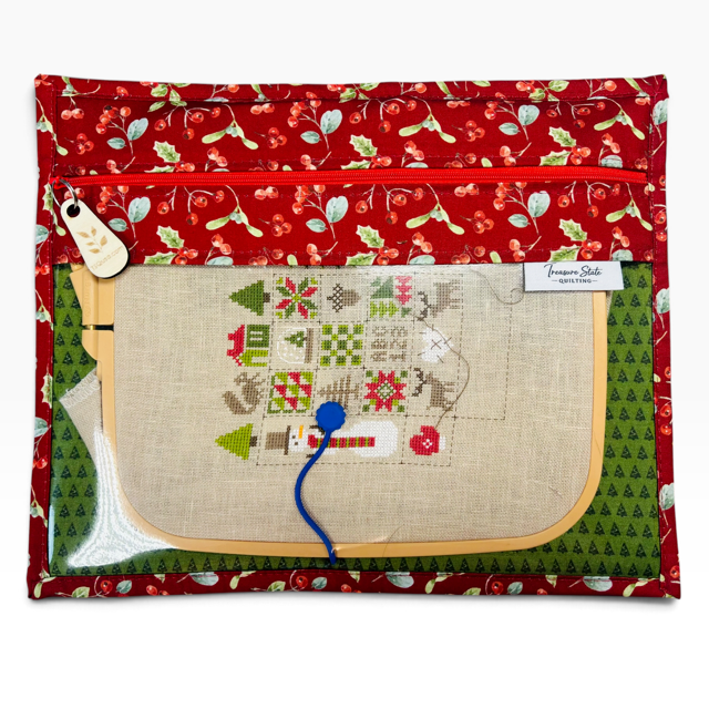 Handmade cross stitch project bag with clear vinyl window, Holly Berries Christmas Red Trees print — size and scale view