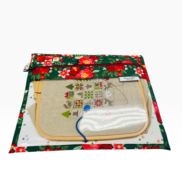 Handmade cross stitch project bag with clear vinyl window, Poinsettia Christmas Red Stars print — inside view