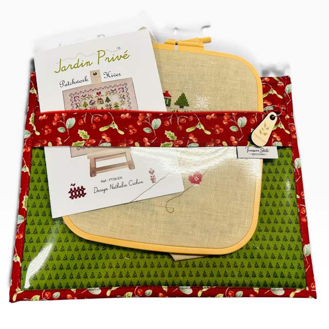 Handmade cross stitch project bag with clear vinyl window, Holly Berries Christmas Red Trees print — detail view