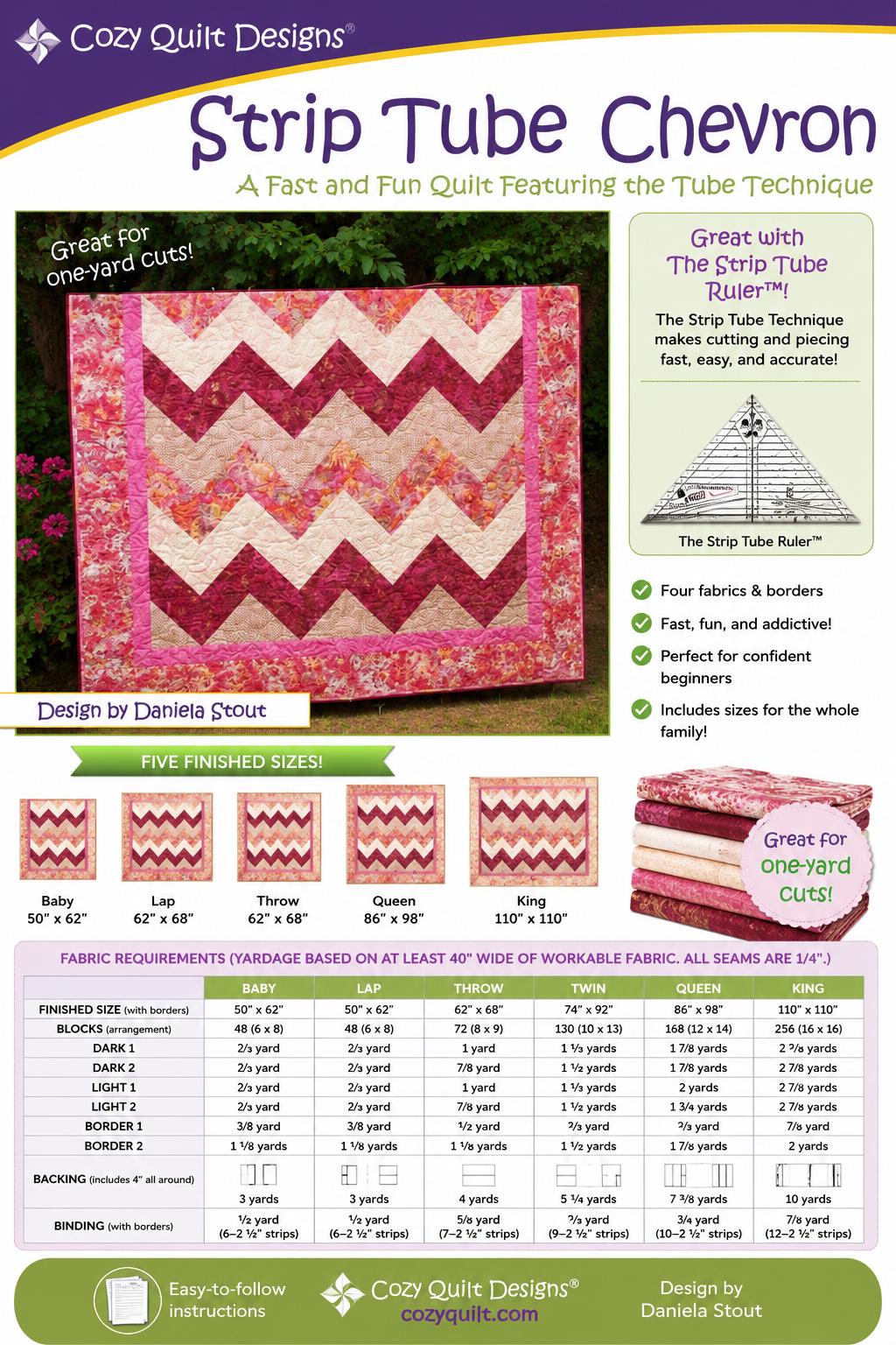 Cozy Quilt Designs - Chevron Quilt Pattern - jelly roll friendly in 5 sizes - Beginner