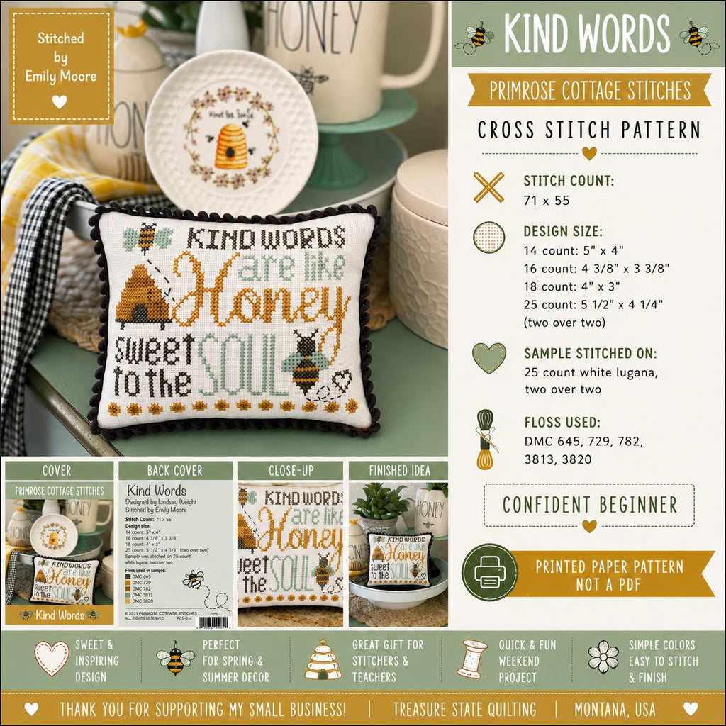 Kind Words Cross Stitch Pattern | Primrose Cottage Stitches | Printed Paper Chart | Bee Cross Stitch | Honey Pillow Pattern