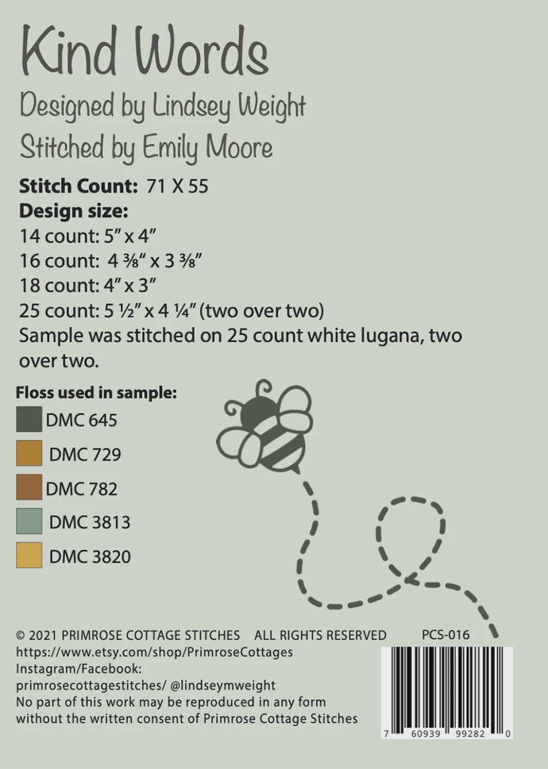 Kind Words Cross Stitch Pattern | Primrose Cottage Stitches | Printed Paper Chart | Bee Cross Stitch | Honey Pillow Pattern