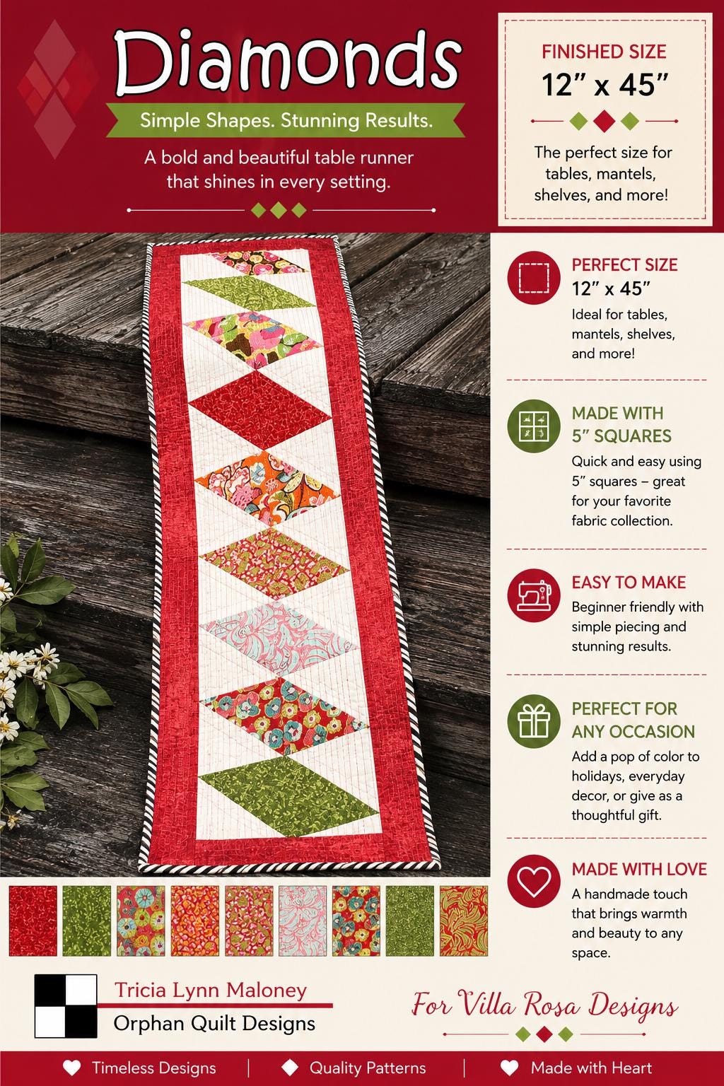 Diamonds Picnic Quilt Pattern - Scrappy Diamond Table Runner Quilt - Villa Rosa Designs - easy beginner