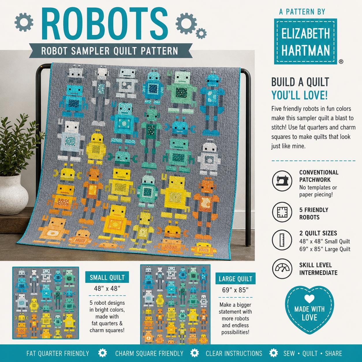 Elizabeth Hartman - Robots quilt - Quilt pattern EH 066 chart - NEW - 2 sizes - Modern - boy - man -