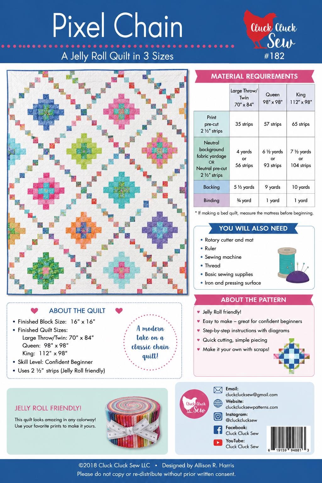 Cluck Cluck Sew -Pixel Chain Quilt Pattern - Jelly Roll friendly in 3 sizes