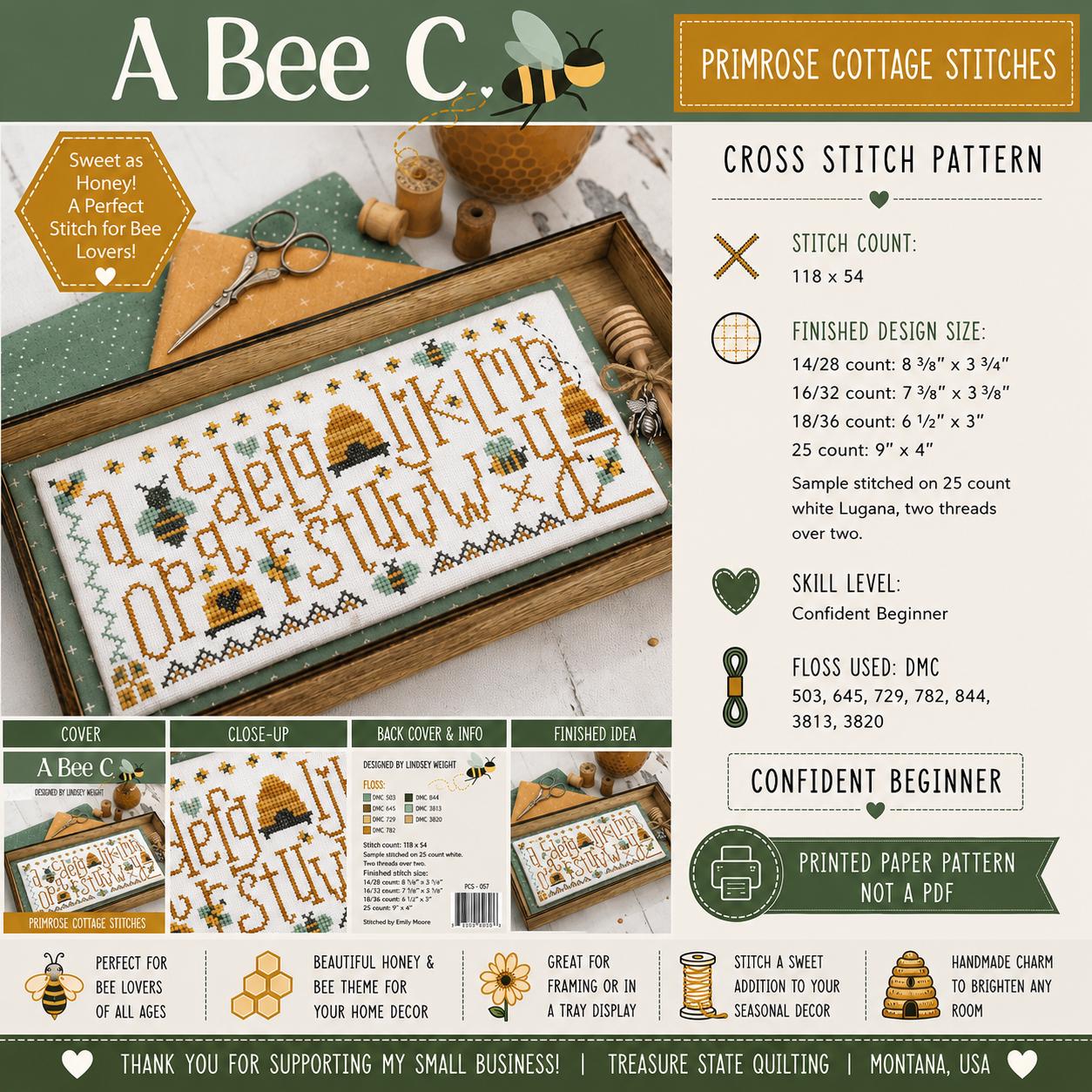 A Bee C Cross Stitch Pattern | Primrose Cottage Stitches | Printed Paper Chart | Bee Sampler | Farmhouse Decor | Confident Beginner