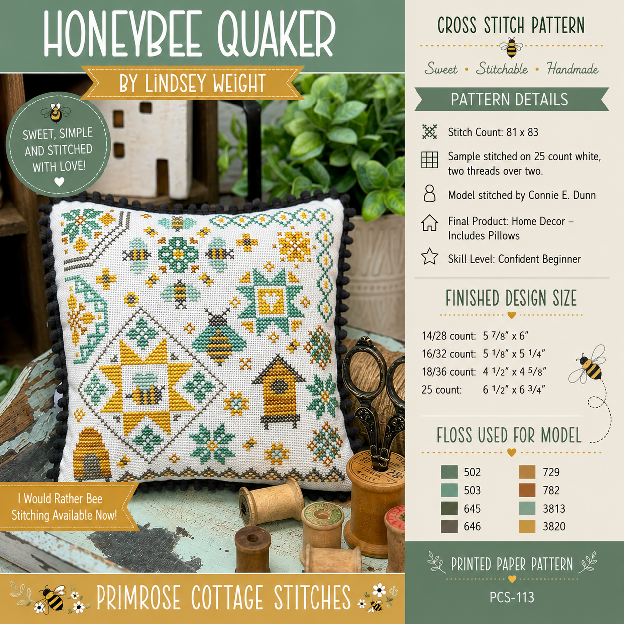 Honeybee Quaker Cross Stitch Pattern | Primrose Cottage Stitches | Printed Paper Chart | Bee Sampler | Farmhouse Decor | Confident Beginner