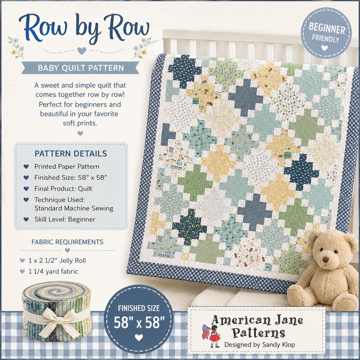 Row by Row Baby Boy Quilt Pattern - American Jane - Easy - Beginner - Jelly roll friendly