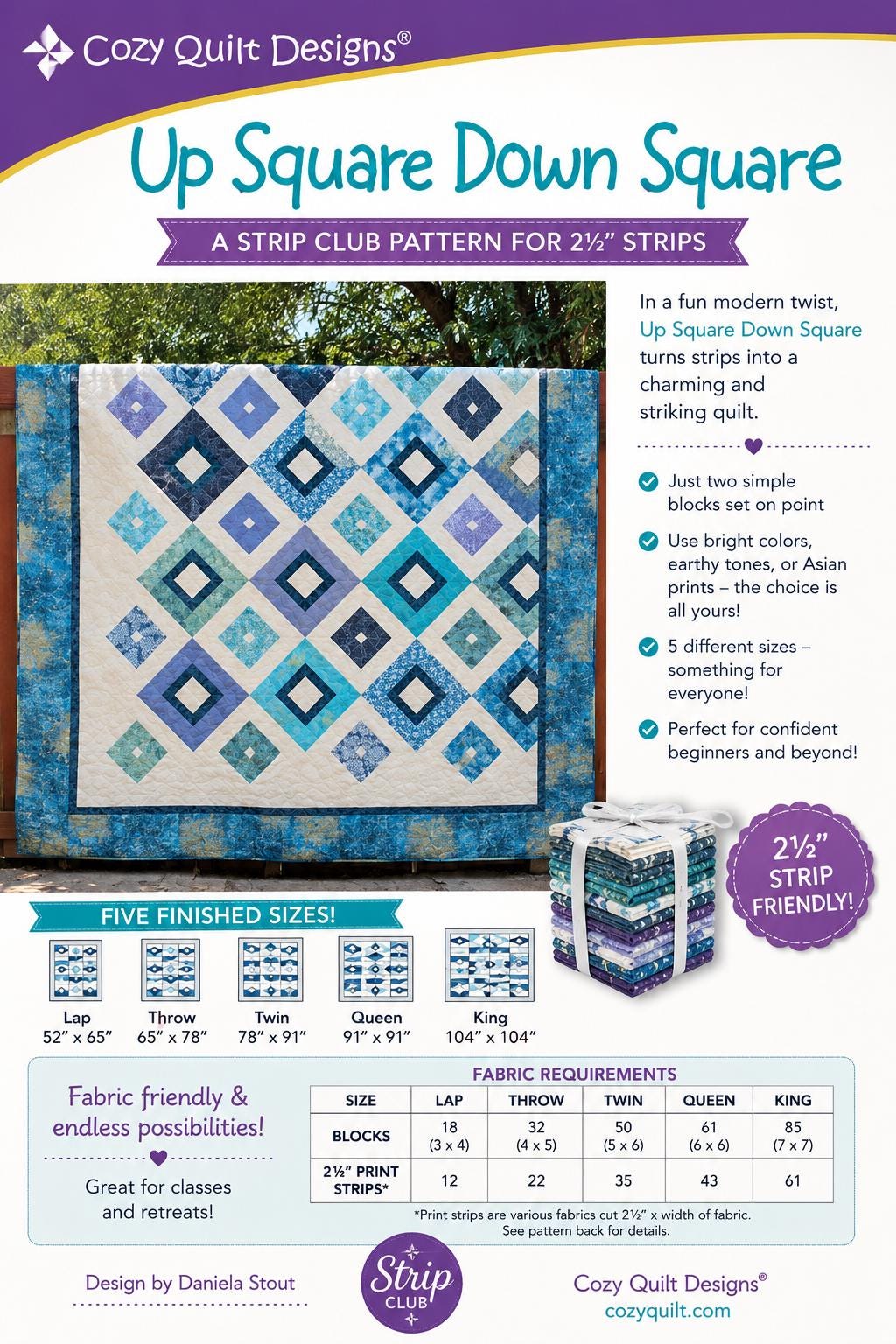 Up Square Down Square Quilt Pattern – Strip Club Design, 5 Sizes