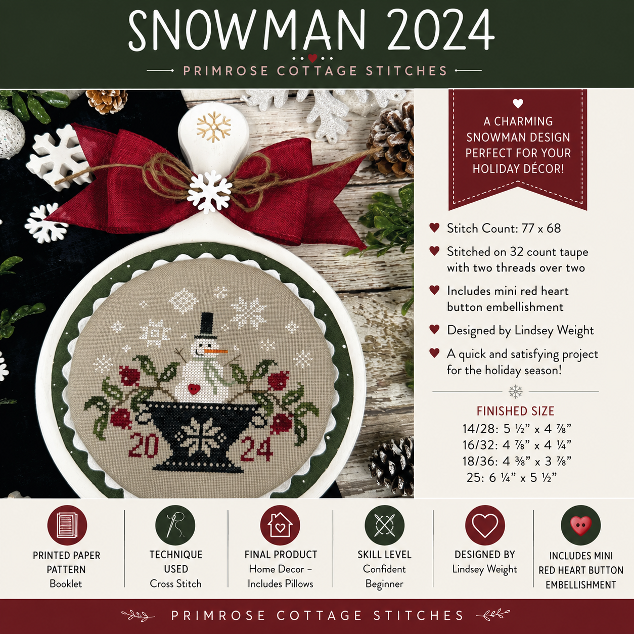 Snowman 2024 Cross Stitch Pattern | Primrose Cottage Stitches | Printed Paper Chart | Winter Sampler | Confident Beginner